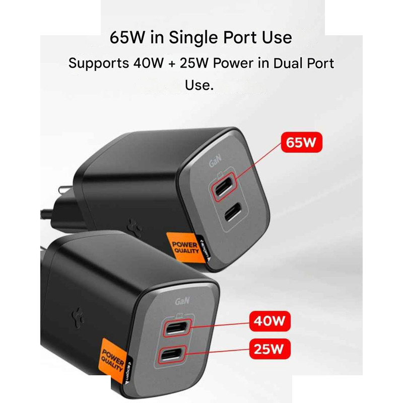 شارژر دیواری 65 وات دو پورت اسپیگن مدل PE2204EU شارژر دیواری 65 وات دو پورت اسپیگن مدل PE2204EU