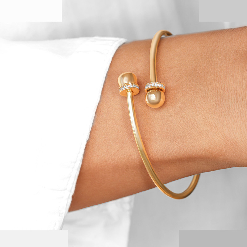 بنگل طلا 18 عیار زنانه ماوی گالری مدل دو گوی نگینی باستان