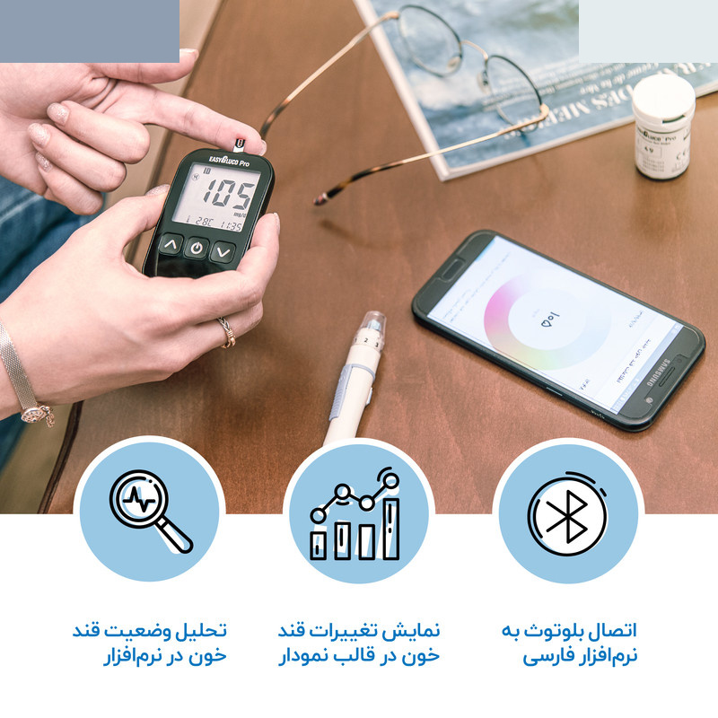 دستگاه تست قند خون اینفوپیا مدل Easy Gluco Pro به همراه کارت اشتراک پزشک سیناکر 3 ماهه و 2 بسته نوار 50 عددی