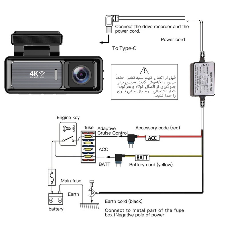 دوربین ثبت وقایع خودرو اتوویژن مدل M6 4K-WiFi به همراه دوربین عقب و کیت برق مستقیم