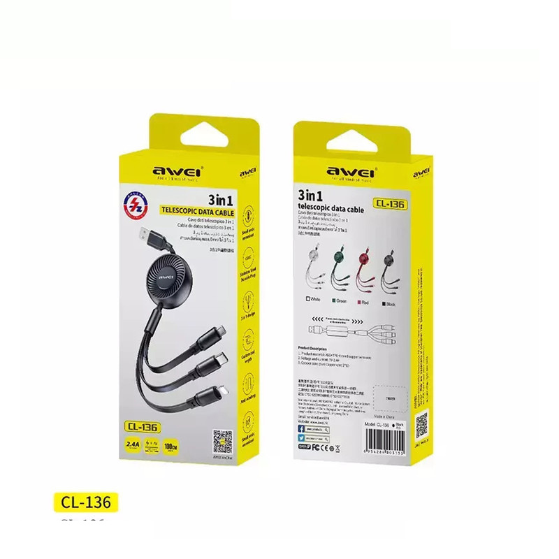 کابل تبدیل USB به microUSB /USB-C / لایتنینگ اوی مدل CL136 Retract طول 1 متر کابل تبدیل USB به microUSB /USB-C / لایتنینگ اوی مدل CL136 Retract طول 1 متر