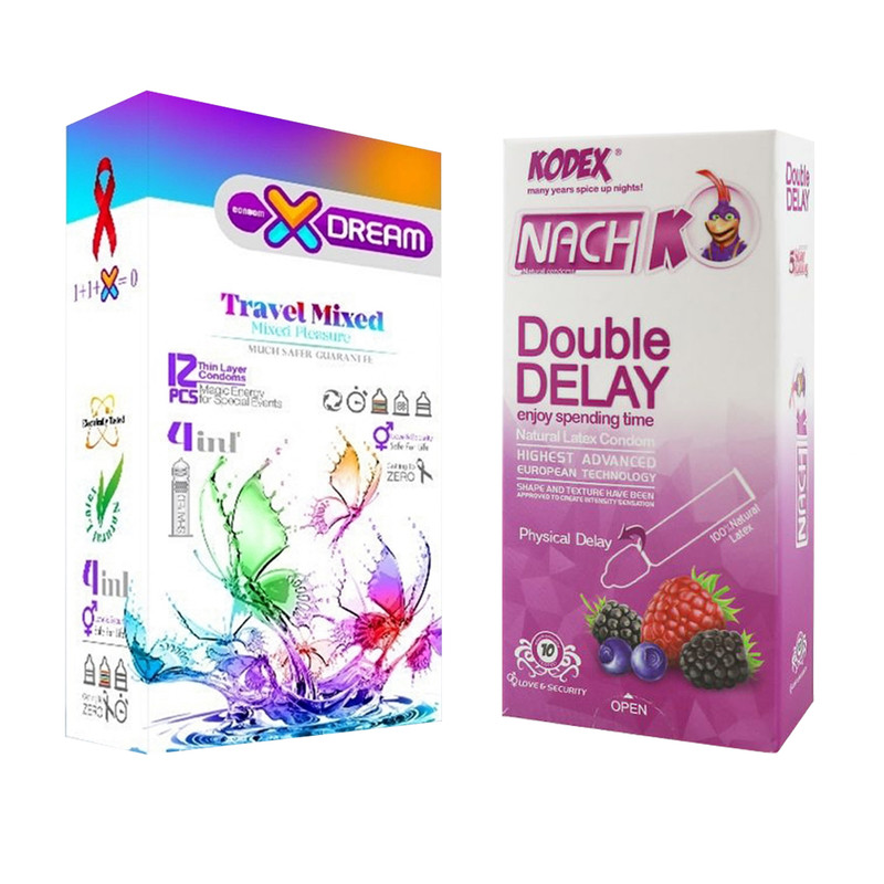کاندوم ایکس دریم مدل Travel Mixed بسته 12 عددی به همراه کاندوم تاخیری کدکس مدل Double Delay بسته 10 عددی کاندوم ایکس دریم مدل Travel Mixed بسته 12 عددی به همراه کاندوم تاخیری کدکس مدل Double Delay بسته 10 عددی