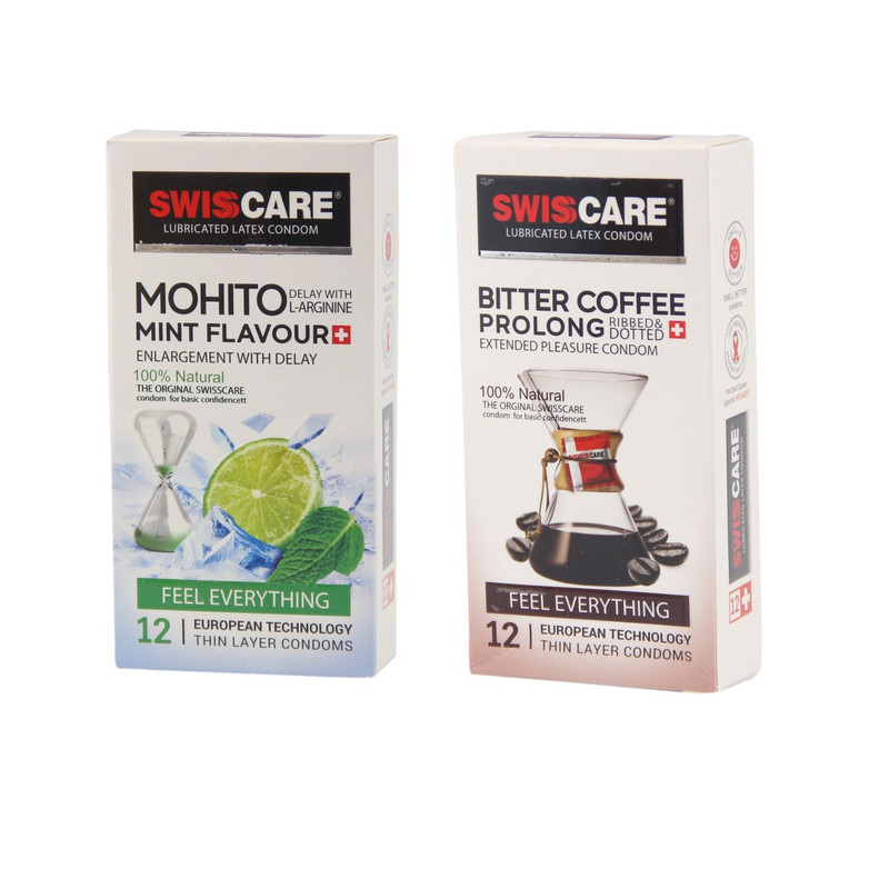 کاندوم سوئیس کر مدل Mohito بسته 12 عددی به همراه کاندوم سوئیسکر مدل Coffee Prolong بسته 12 عددی کاندوم سوئیس کر مدل Mohito بسته 12 عددی به همراه کاندوم سوئیسکر مدل Coffee Prolong بسته 12 عددی