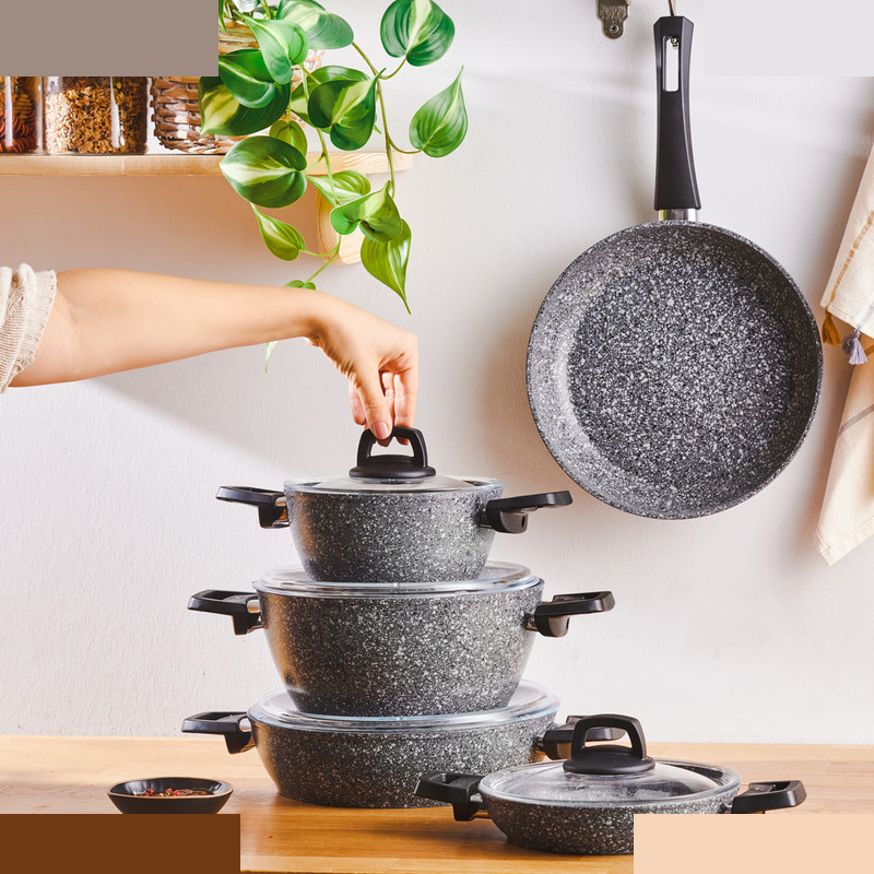 سرویس قابلمه وتابه بیوگرانیتی 9 پارچه کاراجا مدل Biogranit Grey Stone سرویس قابلمه وتابه بیوگرانیتی 9 پارچه کاراجا مدل Biogranit Grey Stone