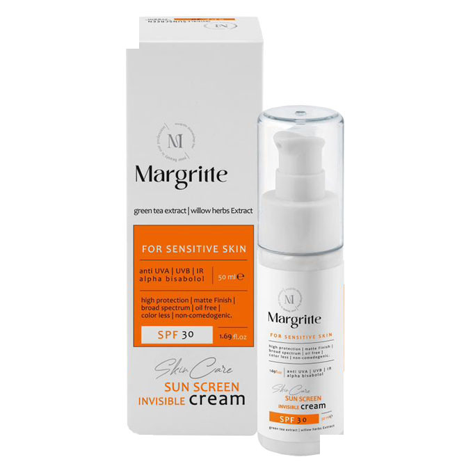 کرم ضد آفتاب بدون رنگ مارگریت SPF 30 مدل 03 مناسب پوست های حساس حجم 50 میلیلیتر کرم ضد آفتاب بدون رنگ مارگریت SPF 30 مدل 03 مناسب پوست های حساس حجم 50 میلیلیتر