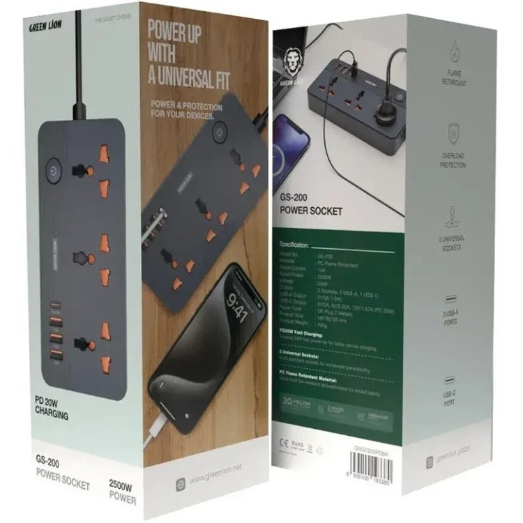 چندراهی برق گرین لاین مدل Lion GS-200 Power Socket 2500W - 3 چندراهی برق گرین لاین مدل Lion GS-200 Power Socket 2500W - 3
