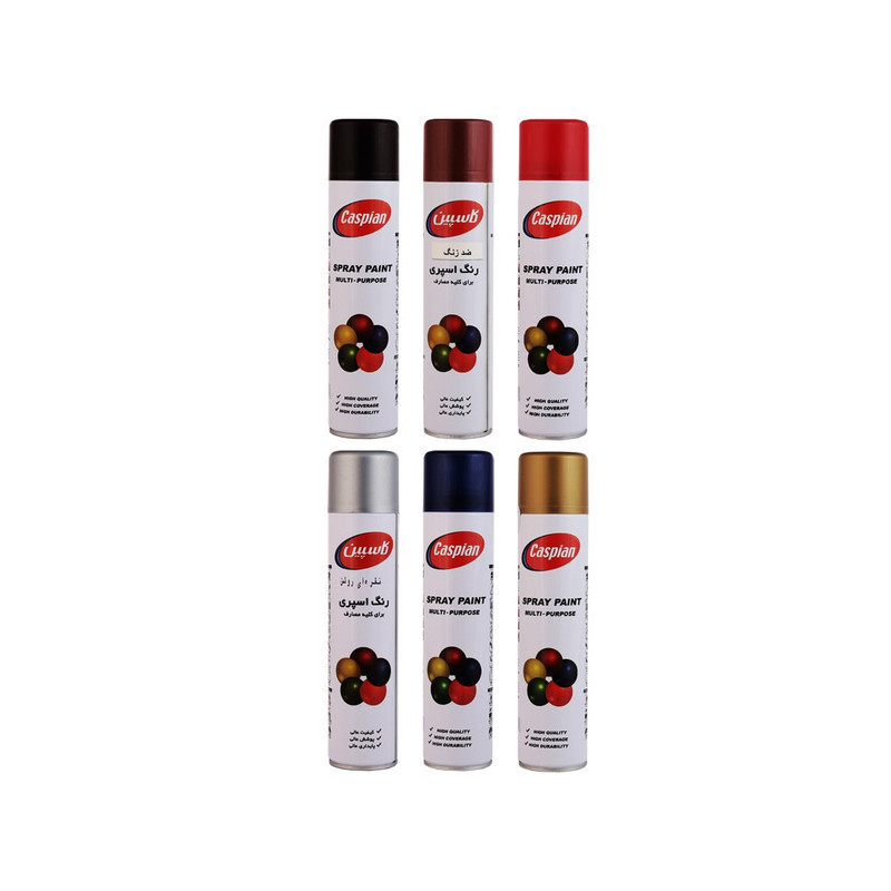 اسپری رنگ مشکی و طلایی و سرمه ای و نقره ای و قرمز آتشین و ضد زنگ اخرایی کاسپین مدل Cas6 حجم 300 میلی لیتر مجموعه 6 عددی اسپری رنگ مشکی و طلایی و سرمه ای و نقره ای و قرمز آتشین و ضد زنگ اخرایی کاسپین مدل Cas6 حجم 300 میلی لیتر مجموعه 6 عددی