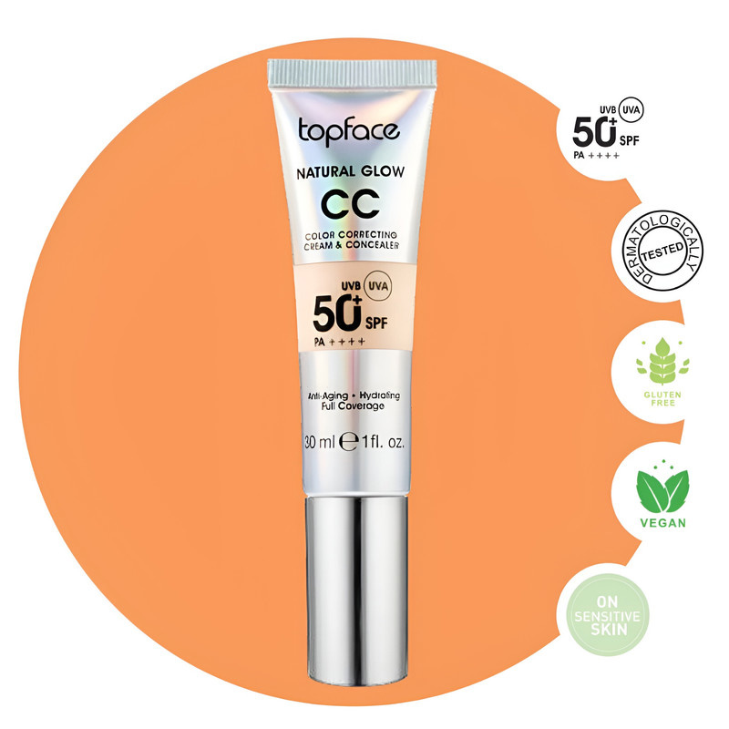 کرم پودر CC مایع +SPF50 تاپ فیس مدل NATURAL GLOW شماره 002 مناسب برای انواع پوست حجم 30 میلی لیتر کرم پودر CC مایع +SPF50 تاپ فیس مدل NATURAL GLOW شماره 002 مناسب برای انواع پوست حجم 30 میلی لیتر