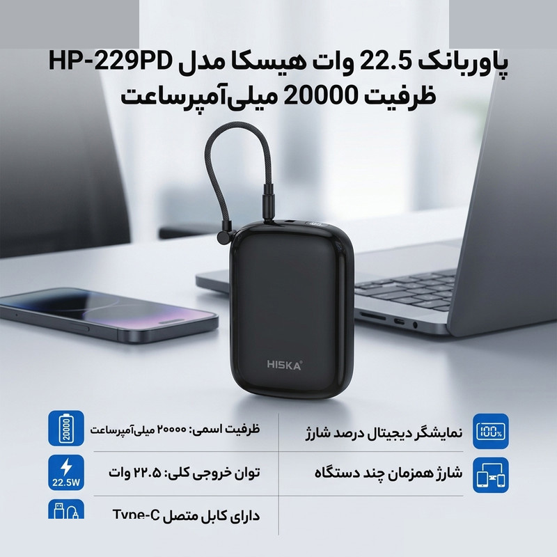 پاوربانک 22.5 وات هیسکا مدل HP-229PD ظرفیت 20000 میلیآمپرساعت پاوربانک 22.5 وات هیسکا مدل HP-229PD ظرفیت 20000 میلیآمپرساعت