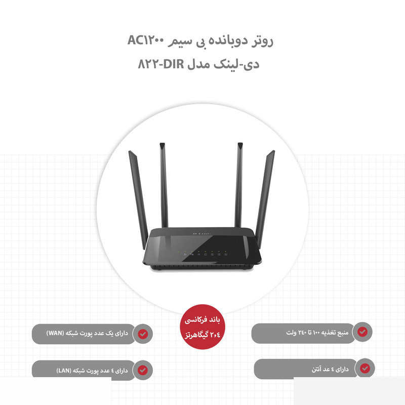 روتر دوبانده بی سیم AC1200 دی-لینک مدل DIR-822 روتر دوبانده بی سیم AC1200 دی-لینک مدل DIR-822