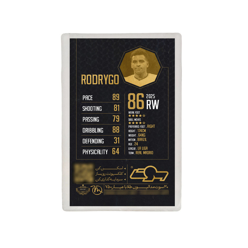 طلا گرمی 18 عیار سوت مدل RODRYGO طرح کارت فوتبالی 2025 کد SO10100 طلا گرمی 18 عیار سوت مدل RODRYGO طرح کارت فوتبالی 2025 کد SO10100