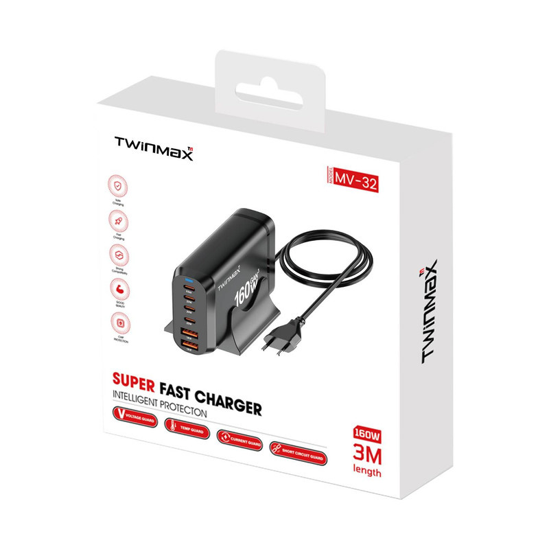 شارژر رومیزی 165 وات شش پورت تویین مکس مدل MV-32 شارژر رومیزی 165 وات شش پورت تویین مکس مدل MV-32
