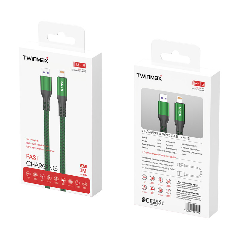 کابل تبدیل لایتنینگ به USB تویین مکس مدل M-15 طول 1 متر کابل تبدیل لایتنینگ به USB تویین مکس مدل M-15 طول 1 متر