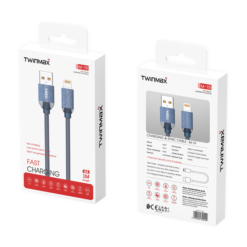 کابل تبدیل USB به لایتنینگ تویین مکس مدل M-19 طول 1 متر کابل تبدیل USB به لایتنینگ تویین مکس مدل M-19 طول 1 متر