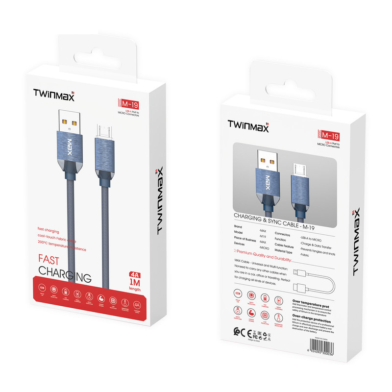 کابل تبدیل USB به microUSB تویین مکس مدل M-19 طول 1 متر کابل تبدیل USB به microUSB تویین مکس مدل M-19 طول 1 متر