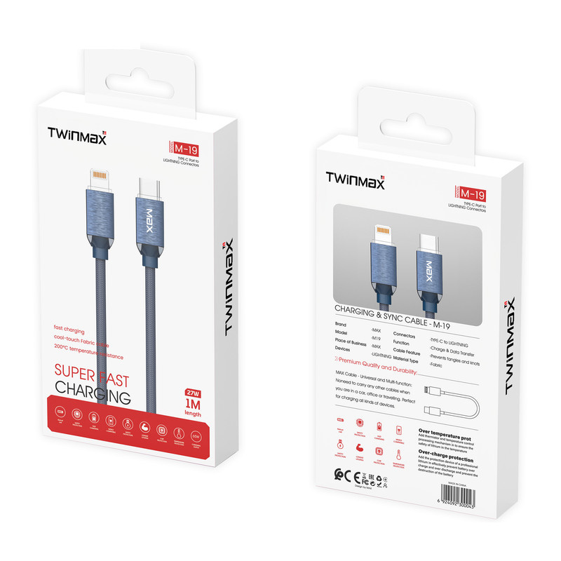 کابل تبدیل USB-C به لایتنینگ تویین مکس مدل M-19 طول 1 متر کابل تبدیل USB-C به لایتنینگ تویین مکس مدل M-19 طول 1 متر