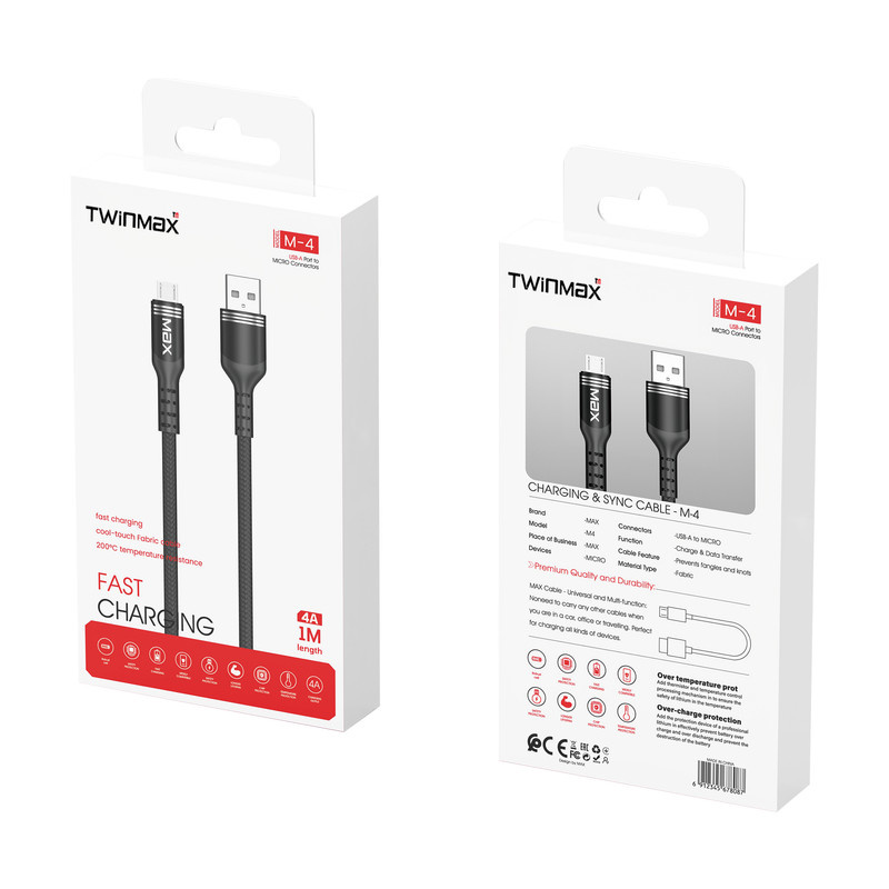 کابل تبدیل USB به Micro-USB تویین مکس مدل M-4 طول 1 متر کابل تبدیل USB به Micro-USB تویین مکس مدل M-4 طول 1 متر