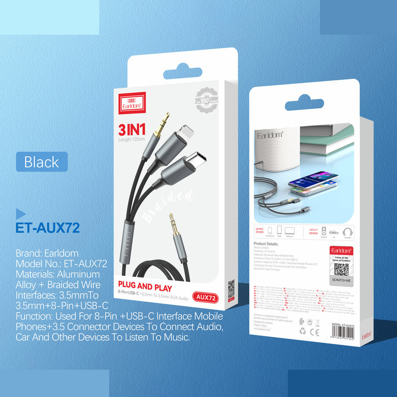 کابل تبدیل AUX به لایتنینگ / USB-C / AUX ارلدام مدل AUX72 طول 1.2 متر