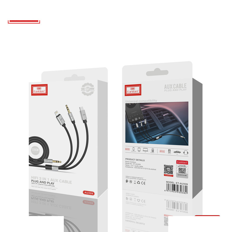 کابل تبدیل AUX به لایتنینگ / USB-C / AUX ارلدام مدل AUX09 طول 1.2 متر