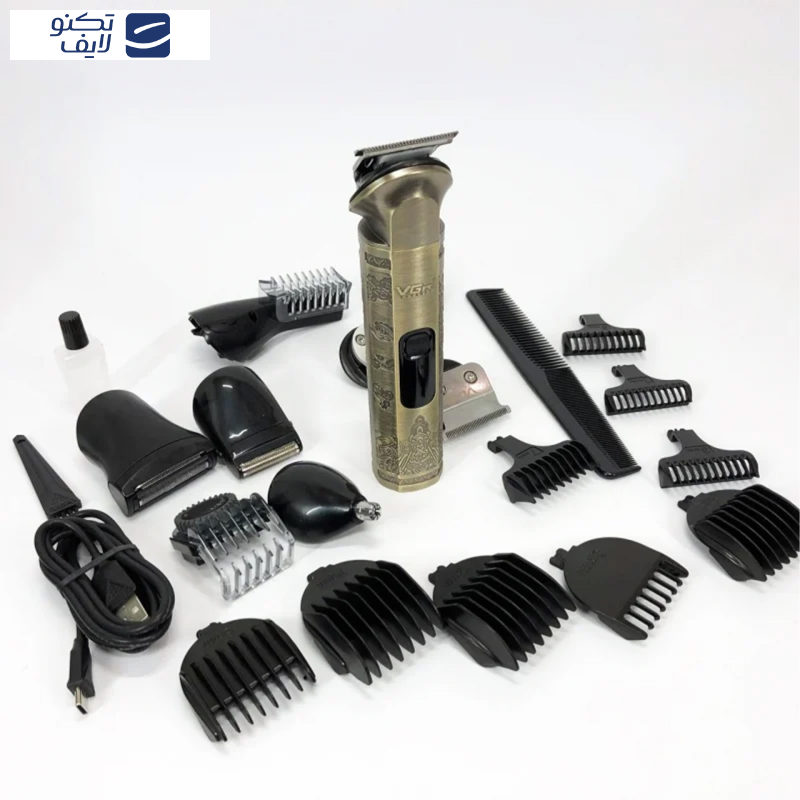 ست ماشین اصلاح موی صورت و بدن وی جی ار مدل V-110، اصلاح به صورت صفر زن، نمایشگر میزان شارژ، ضد آب، منبع انرژی با باتری قابل شارژ، تکنولوژی اصلاح به صورت برش مستقیم، مدت زمان شارژ 90 دقیقه و مدت زمان استفاده پس از شارژ 180 دقیقه