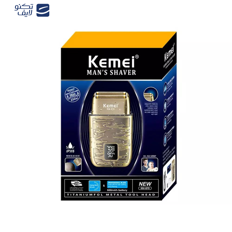ماشین اصلاح موی صورت و بدن کیمی مدل KM-870، اصلاح به صورت صفر زن، ضد آب، نمایشگر LED، منبع انرژی با باتری قابل شارژ، تکنولوژی اصلاح به صورت شیو فویلی، مدت زمان شارژ 90 دقیقه و مدت زمان استفاده پس از شارژ 90 دقیقه، بههمراه کابل شارژ USB، برس، روغن ماشین اصلاح موی صورت و بدن کیمی مدل KM-870، اصلاح به صورت صفر زن، ضد آب، نمایشگر LED، منبع انرژی با باتری قابل شارژ، تکنولوژی اصلاح به صورت شیو فویلی، مدت زمان شارژ 90 دقیقه و مدت زمان استفاده پس از شارژ 90 دقیقه، بههمراه کابل شارژ USB، برس، روغن