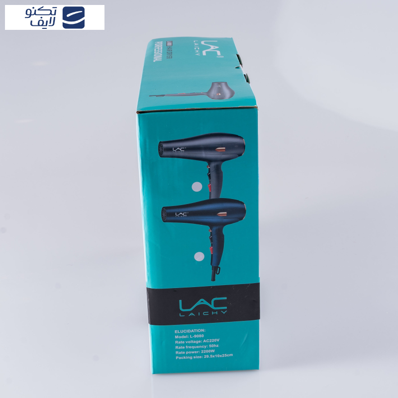 سشوار حرفه‌ای لایچی مدل L-9080، موتور AC با توان مصرفی 2200 وات، دارای قابلیت باد سرد، طراحی ارگونومیک، فناوری تولید یون، با حالت صاف‌کننده و حجم‌دهنده، وزن 500 گرم، تنظیم حرارت 3 حالته و کنترل سرعت 2 حالته، به همراه 2 سری متمرکزکننده