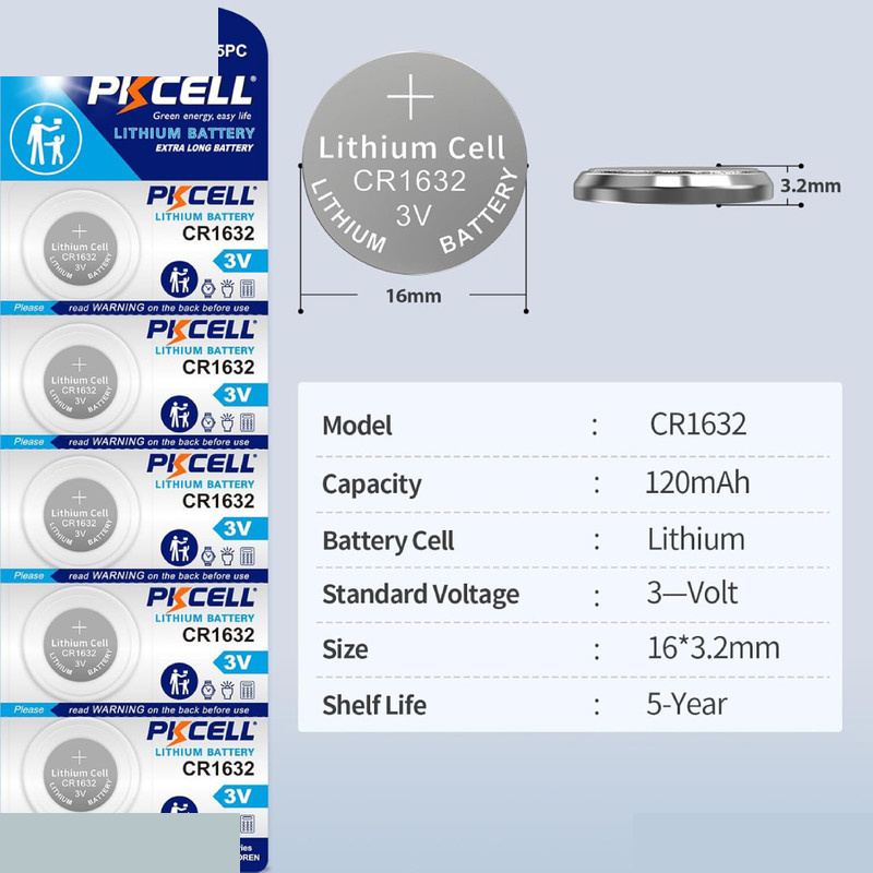 باتری سکهای لیتیومی پی کی سل مدل CR1632 ولتاژ 3 ولت بسته 5 عددی