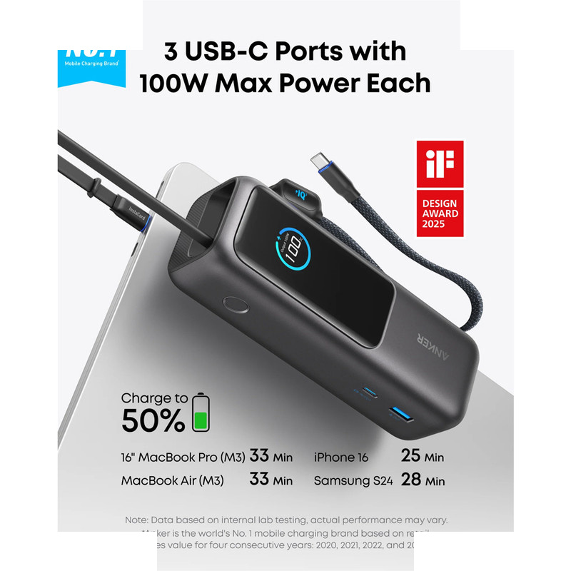 پاوربانک 100 وات انکر مدل A1695 ظرفیت 25000 میلی آمپر ساعت به همراه دو کابل USB-C پاوربانک 100 وات انکر مدل A1695 ظرفیت 25000 میلی آمپر ساعت به همراه دو کابل USB-C