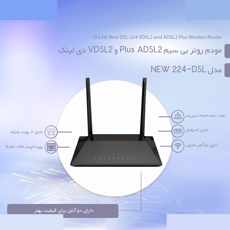 مودم روتر بی سیم ADSL2 Plus و VDSL2 دی لینک مدل DSL-224 NEW مودم روتر بی سیم ADSL2 Plus و VDSL2 دی لینک مدل DSL-224 NEW