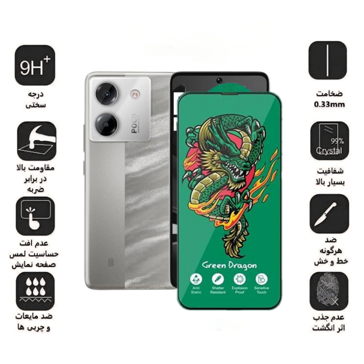 محافظ صفحه نمایش شیشه ای گوشی موبایل زیفرند مدل Green Dragon مناسب شیائومی Poco M7 Pro 5G