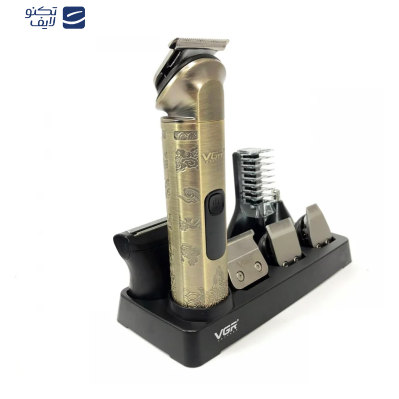 ست ماشین اصلاح موی صورت و بدن وی جی ار مدل V-110، اصلاح به صورت صفر زن، نمایشگر میزان شارژ، ضد آب، منبع انرژی با باتری قابل شارژ، تکنولوژی اصلاح به صورت برش مستقیم، مدت زمان شارژ 90 دقیقه و مدت زمان استفاده پس از شارژ 180 دقیقه