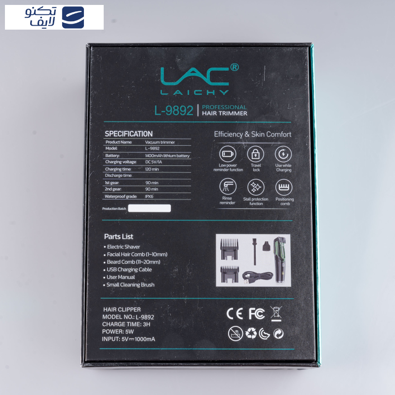 ماشین اصلاح موی صورت شارژی لایچی مدل L-9892، اصلاح به صورت خط زن و حجم زن، طراحی ارگونومیک، منبع انرژی با باتری، تکنولوژی اصلاح به صورت تریمر، اندازه اصلاح از 1 تا 20 میلیمتر، مدت زمان شارژ 180 دقیقه و مدت زمان استفاده پس از شارژ 120 دقیقه ماشین اصلاح موی صورت شارژی لایچی مدل L-9892، اصلاح به صورت خط زن و حجم زن، طراحی ارگونومیک، منبع انرژی با باتری، تکنولوژی اصلاح به صورت تریمر، اندازه اصلاح از 1 تا 20 میلیمتر، مدت زمان شارژ 180 دقیقه و مدت زمان استفاده پس از شارژ 120 دقیقه