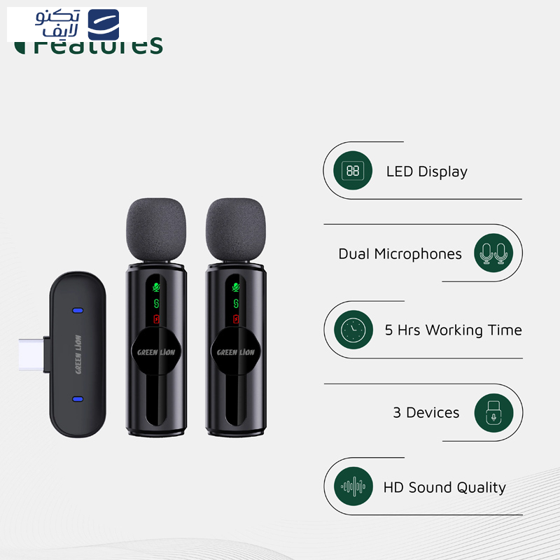 ست میکروفن بی سیم گرین لاین مدل GM-76X با درگاه اتصال USB-C/لایتنینگ/USB-A