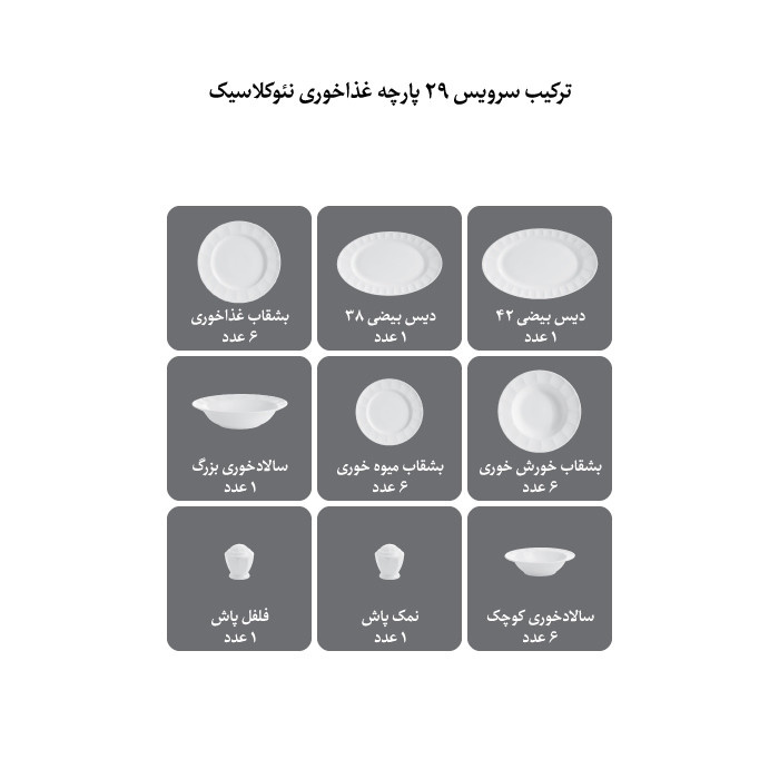 سرویس غذاخوری 29 پارچه چینی زرین ایران مدل نئوکلاسیک کاررا گلد درجه عالی سرویس غذاخوری 29 پارچه چینی زرین ایران مدل نئوکلاسیک کاررا گلد درجه عالی