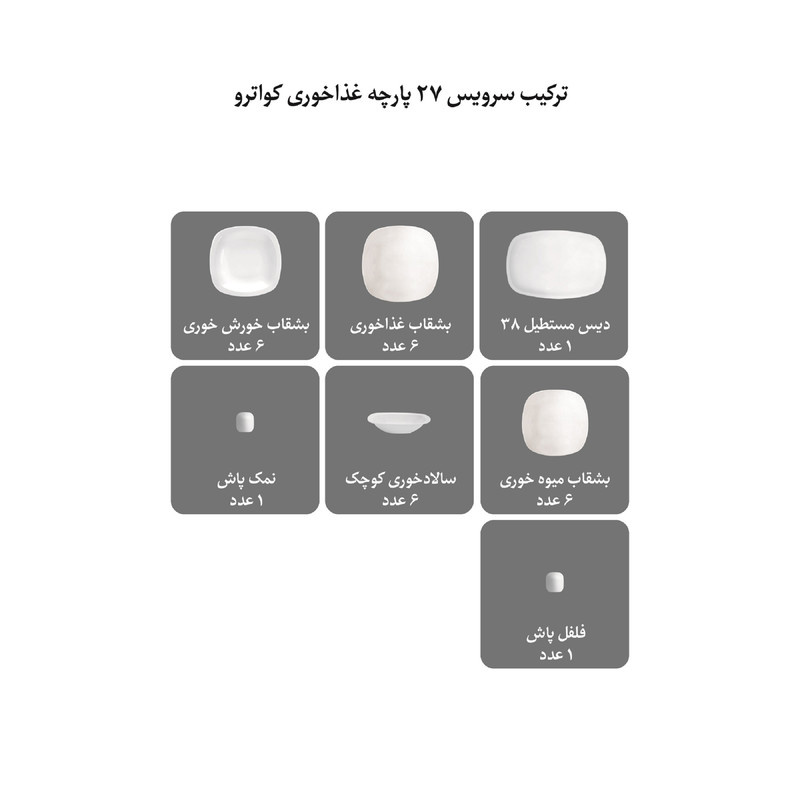 سرویس غذاخوری 27 پارچه چینی زرین ایران مدل کویین کد 011 درجه یک سرویس غذاخوری 27 پارچه چینی زرین ایران مدل کویین کد 011 درجه یک
