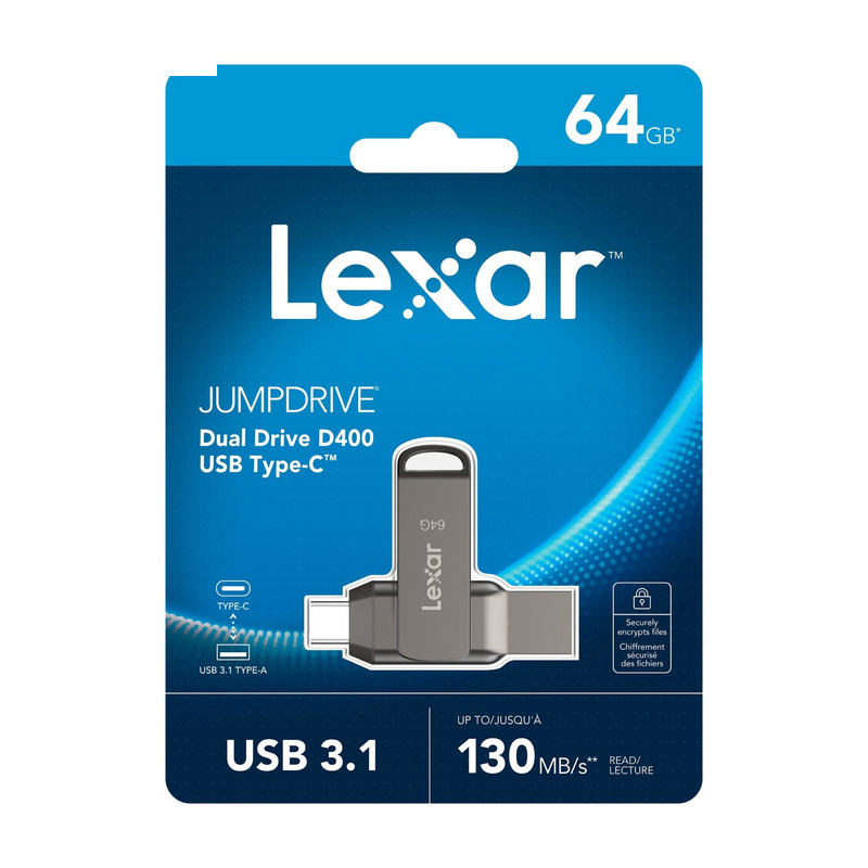 فلش مموری لکسار مدل JumpDrive® Dual Drive D400 USB 3.1 Type-C ظرفیت 64 گیگابایت فلش مموری لکسار مدل JumpDrive® Dual Drive D400 USB 3.1 Type-C ظرفیت 64 گیگابایت