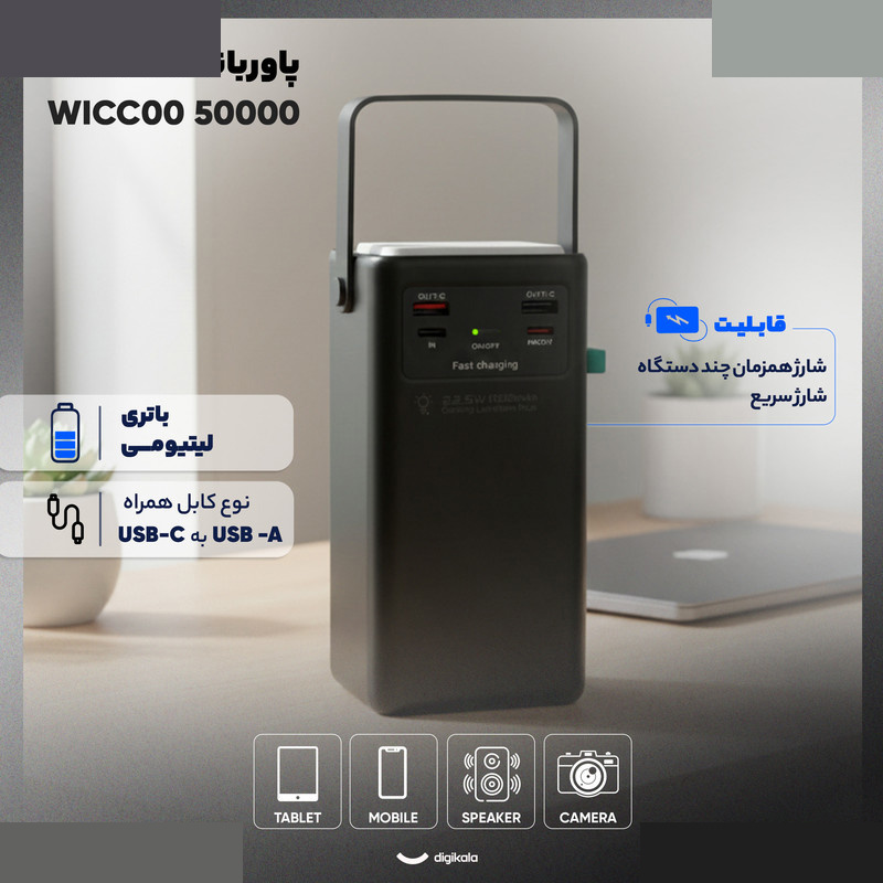 پاوربانک 22.5 وات مدل WICC00 50000 ظرفیت 50000 میلی آمپر ساعت پاوربانک 22.5 وات مدل WICC00 50000 ظرفیت 50000 میلی آمپر ساعت