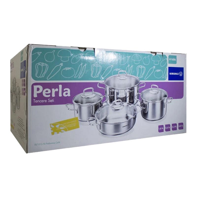 سرویس قابلمه تابه استیل 8 پارچه کرکماز طرح Perla کد A1606 سرویس قابلمه تابه استیل 8 پارچه کرکماز طرح Perla کد A1606