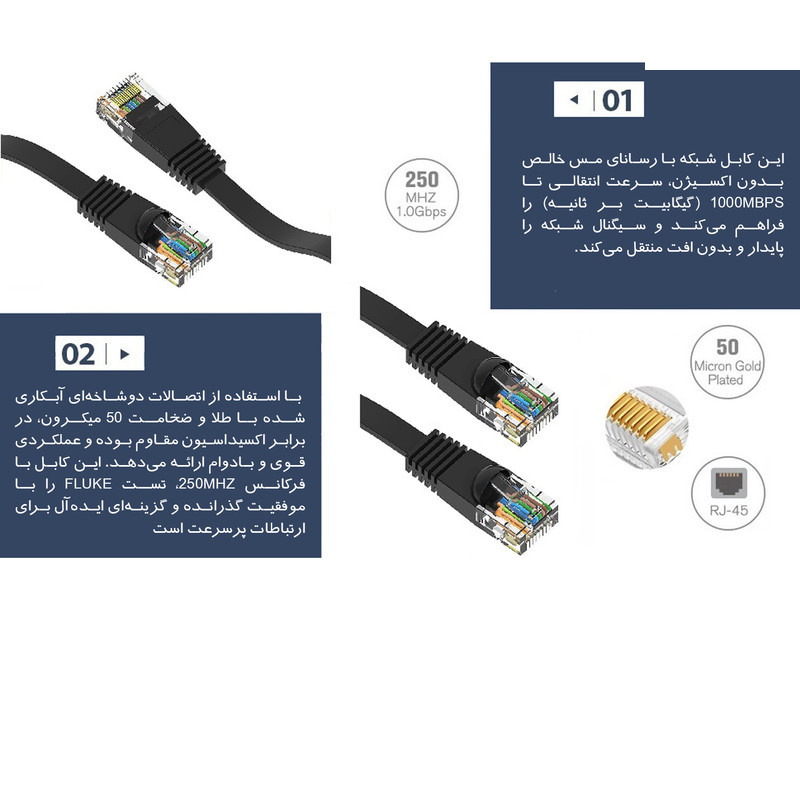 کابل شبکه CAT6 تخت مدل MM6 طول 3 متر کابل شبکه CAT6 تخت مدل MM6 طول 3 متر