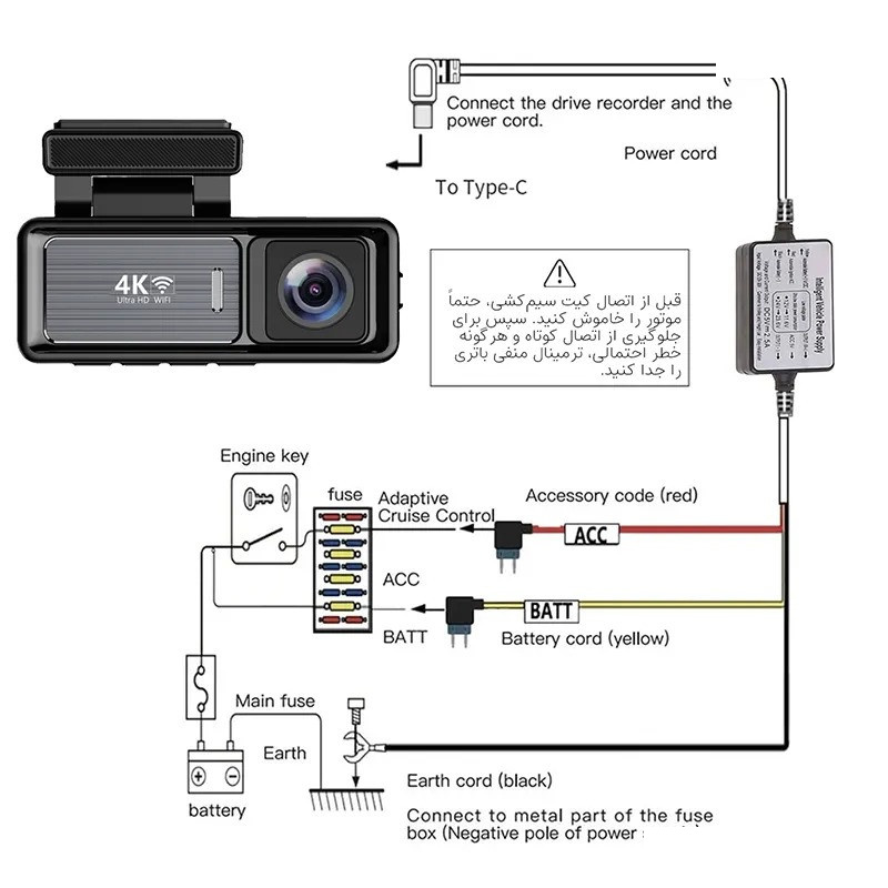 دوربین ثبت وقایع خودرو اتوویژن مدل 4kUHD به همراه دوربین عقب و رم 64 گیگ بایت و کیت برق مستقیم