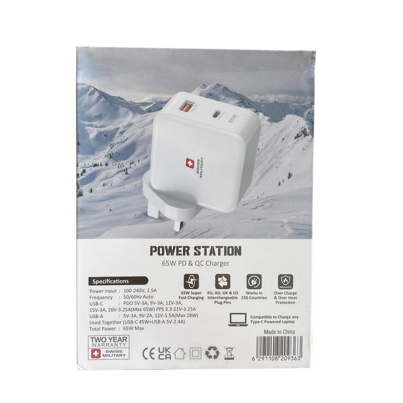 آداپتور شارژر 65 وات سوییس میلیتری مدل Power Station به همراه مبدل برق آداپتور شارژر 65 وات سوییس میلیتری مدل Power Station به همراه مبدل برق