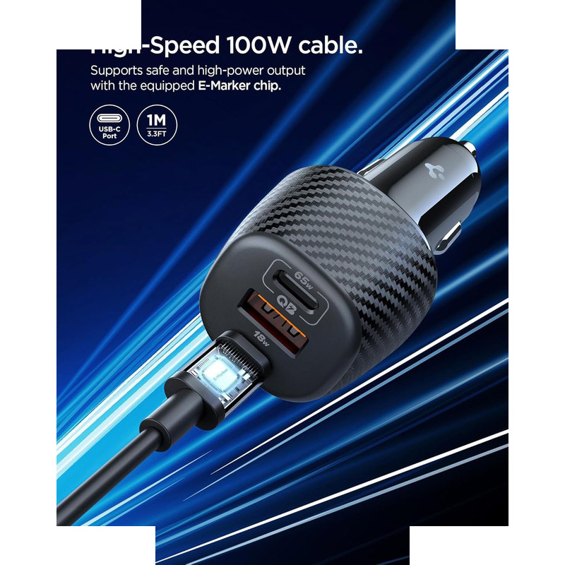 شارژر فندکی 113 وات سه پورت اسپیگن مدل EV1133 به همراه کابل تبدیل USB‑C شارژر فندکی 113 وات سه پورت اسپیگن مدل EV1133 به همراه کابل تبدیل USB‑C