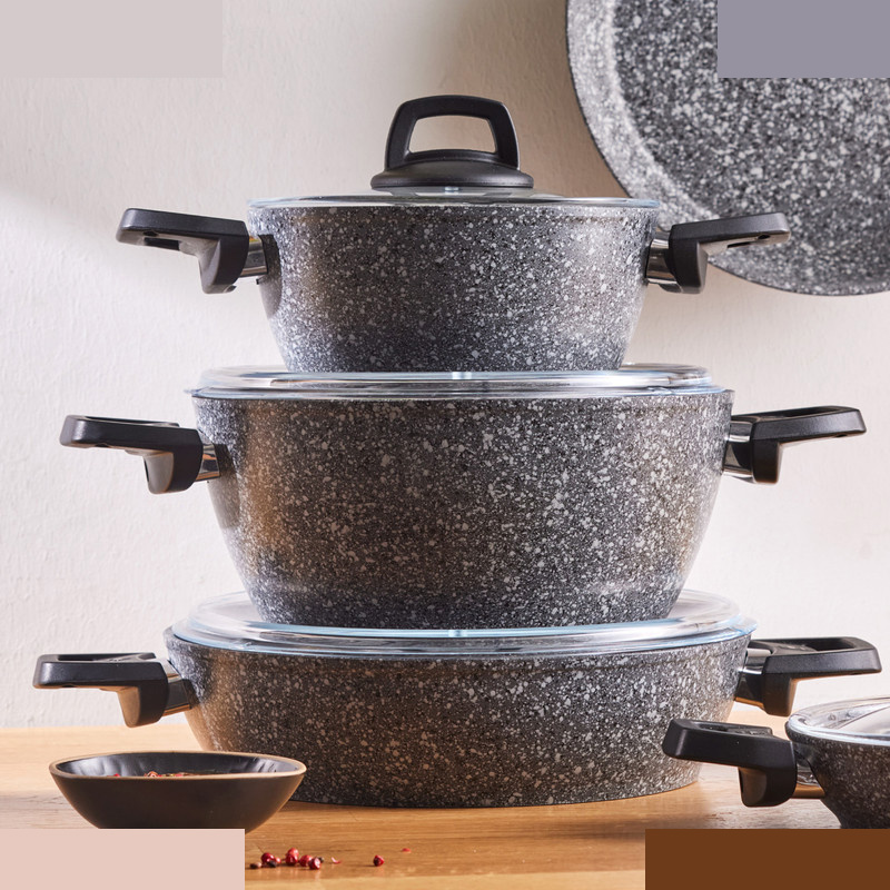سرویس قابلمه وتابه بیوگرانیتی 9 پارچه کاراجا مدل Biogranit Grey Stone سرویس قابلمه وتابه بیوگرانیتی 9 پارچه کاراجا مدل Biogranit Grey Stone