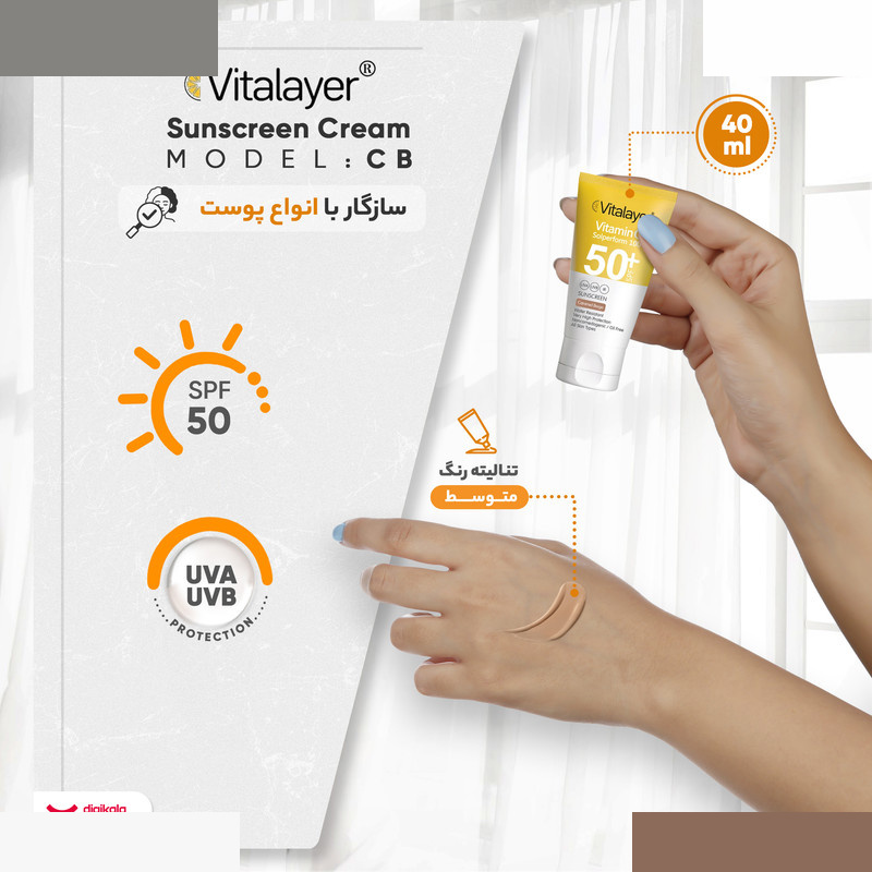 کرم ضد آفتاب رنگی ویتالیر، SPF 50، مدل CB، مناسب انواع پوست با تنالیته متوسط و حجم 40 میلیلیتر کرم ضد آفتاب رنگی ویتالیر، SPF 50، مدل CB، مناسب انواع پوست با تنالیته متوسط و حجم 40 میلیلیتر