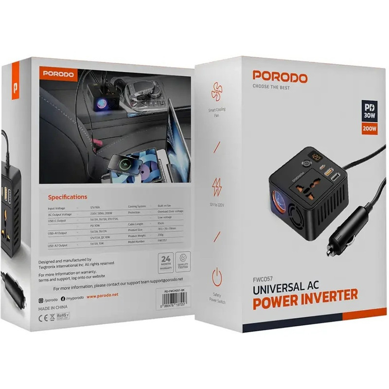 مبدل برق خودرو پرودو مدل Universal PD-FWCH057 200W مبدل برق خودرو پرودو مدل Universal PD-FWCH057 200W