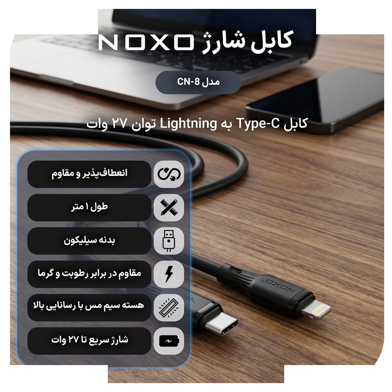 کابل تبدیل USB-C به لایتنینگ نوکسو مدل CN‑8 27W طول 1 متر کابل تبدیل USB-C به لایتنینگ نوکسو مدل CN‑8 27W طول 1 متر