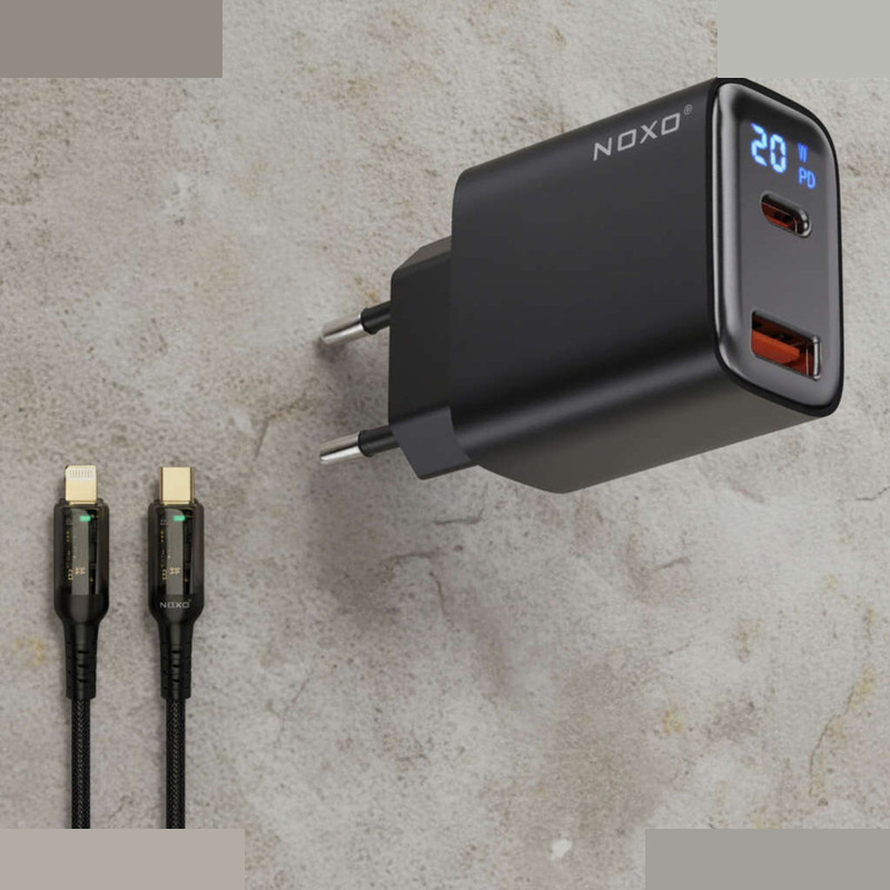 شارژر دیواری 20 وات دو پورت نوکسو مدل CHN-6 به همراه کابل تبدیل USB-C / لایتنینگ شارژر دیواری 20 وات دو پورت نوکسو مدل CHN-6 به همراه کابل تبدیل USB-C / لایتنینگ