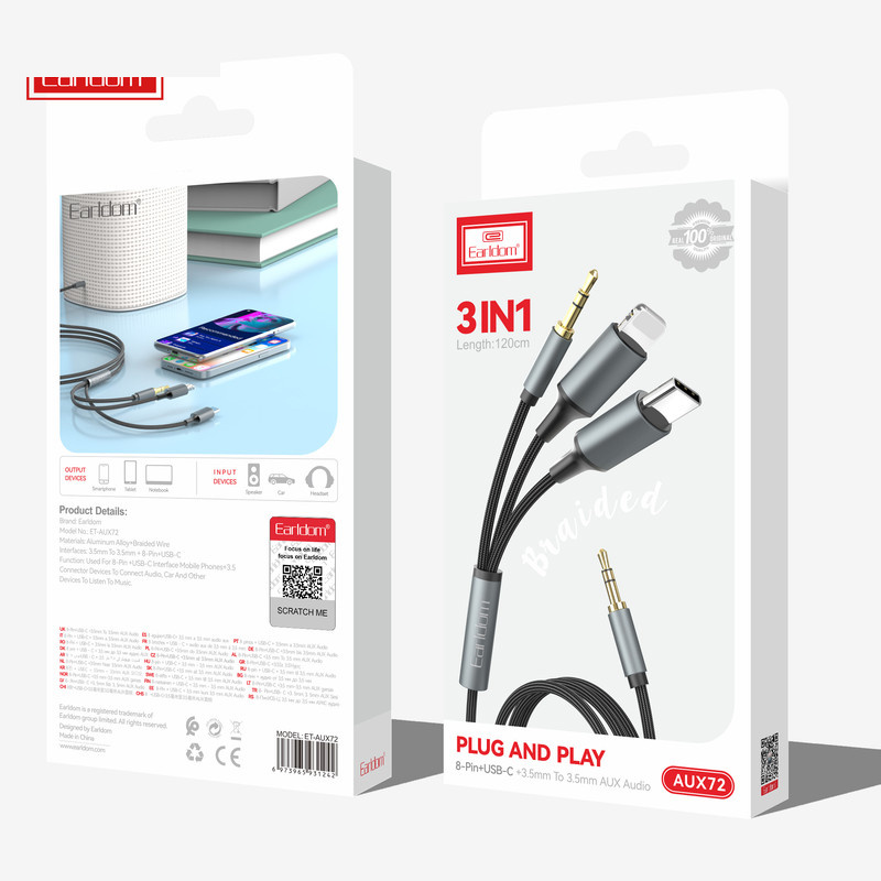 کابل تبدیل AUX به لایتنینگ / USB-C / AUX ارلدام مدل AUX72 طول 1.2 متر