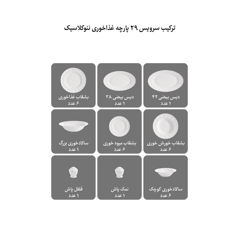 سرویس غذاخوری 29 پارچه 6 نفر چینی زرین ایران مدل نئوکلاسیک آراگل درجه عالی سرویس غذاخوری 29 پارچه 6 نفر چینی زرین ایران مدل نئوکلاسیک آراگل درجه عالی
