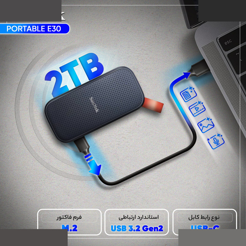 اس اس دی اکسترنال سن دیسک مدل PORTABLE E30 ظرفیت 2 ترابایت رابط USB 3.2 Gen2 اس اس دی اکسترنال سن دیسک مدل PORTABLE E30 ظرفیت 2 ترابایت رابط USB 3.2 Gen2